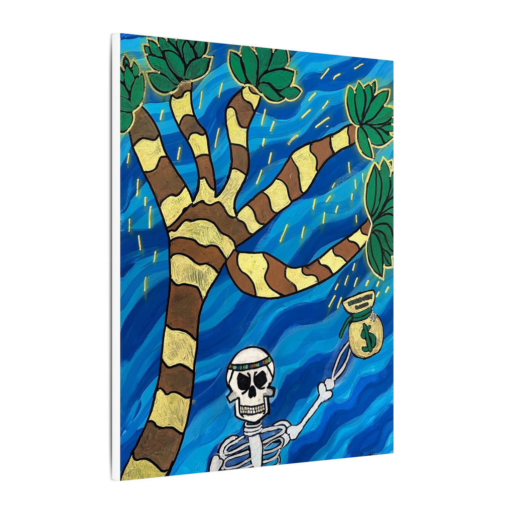 Skeleton & Tree Matte Canvas Wall Art — Tropical Skeleton Holding Money Bag