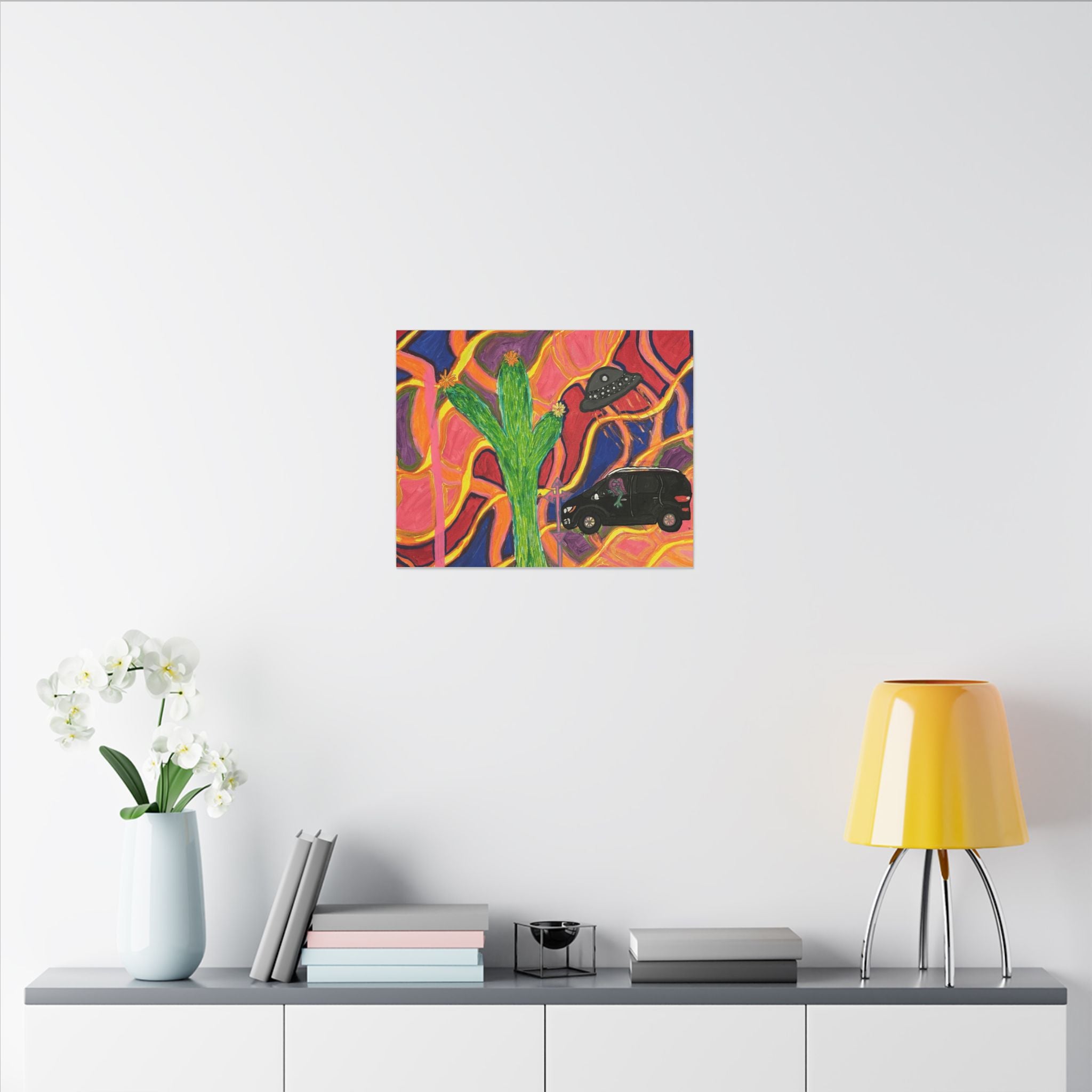 Psychedelic Desert Canvas Print — UFO, Cactus & Van Artwork
