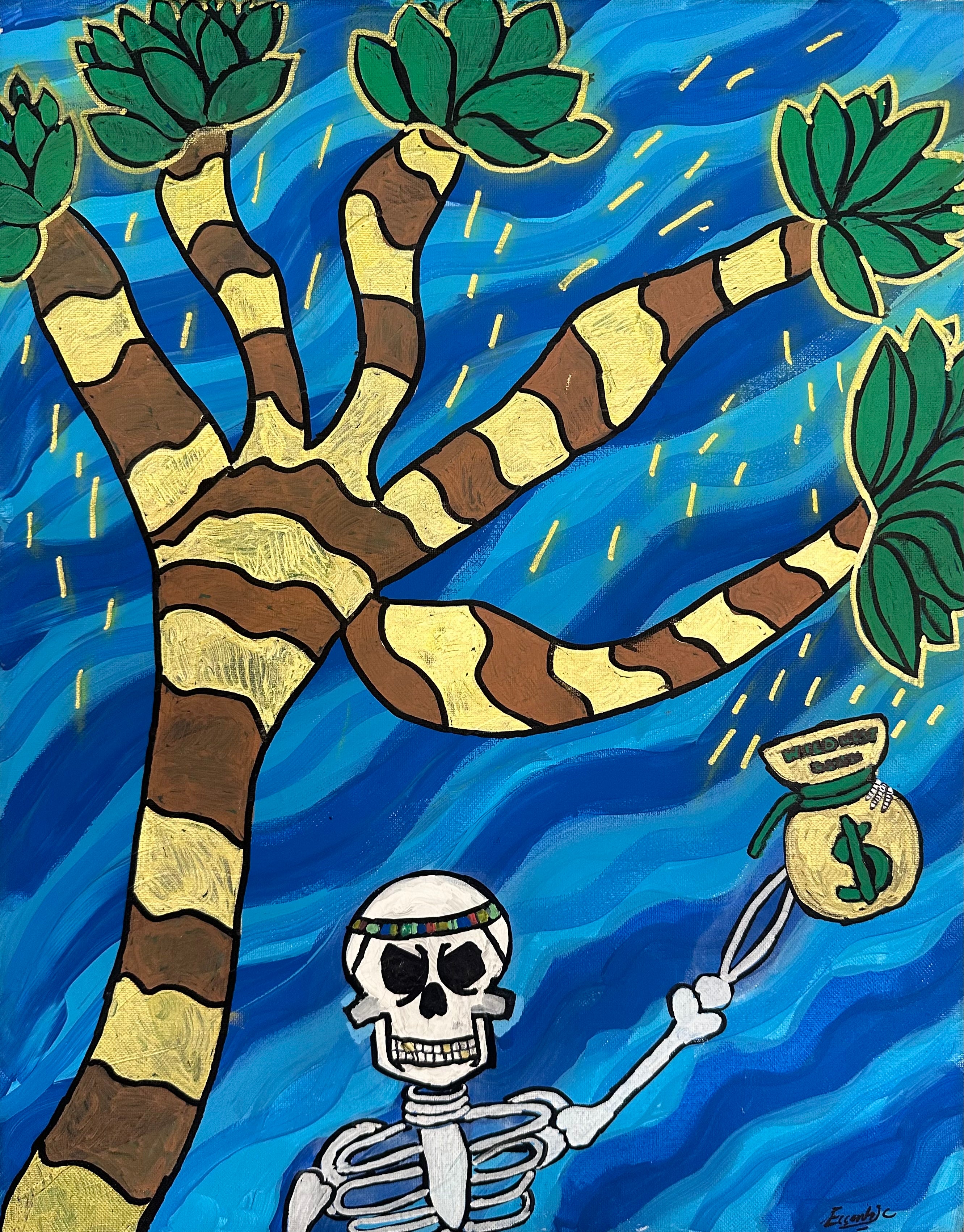 Skeleton & Tree Matte Canvas Wall Art — Tropical Skeleton Holding Money Bag