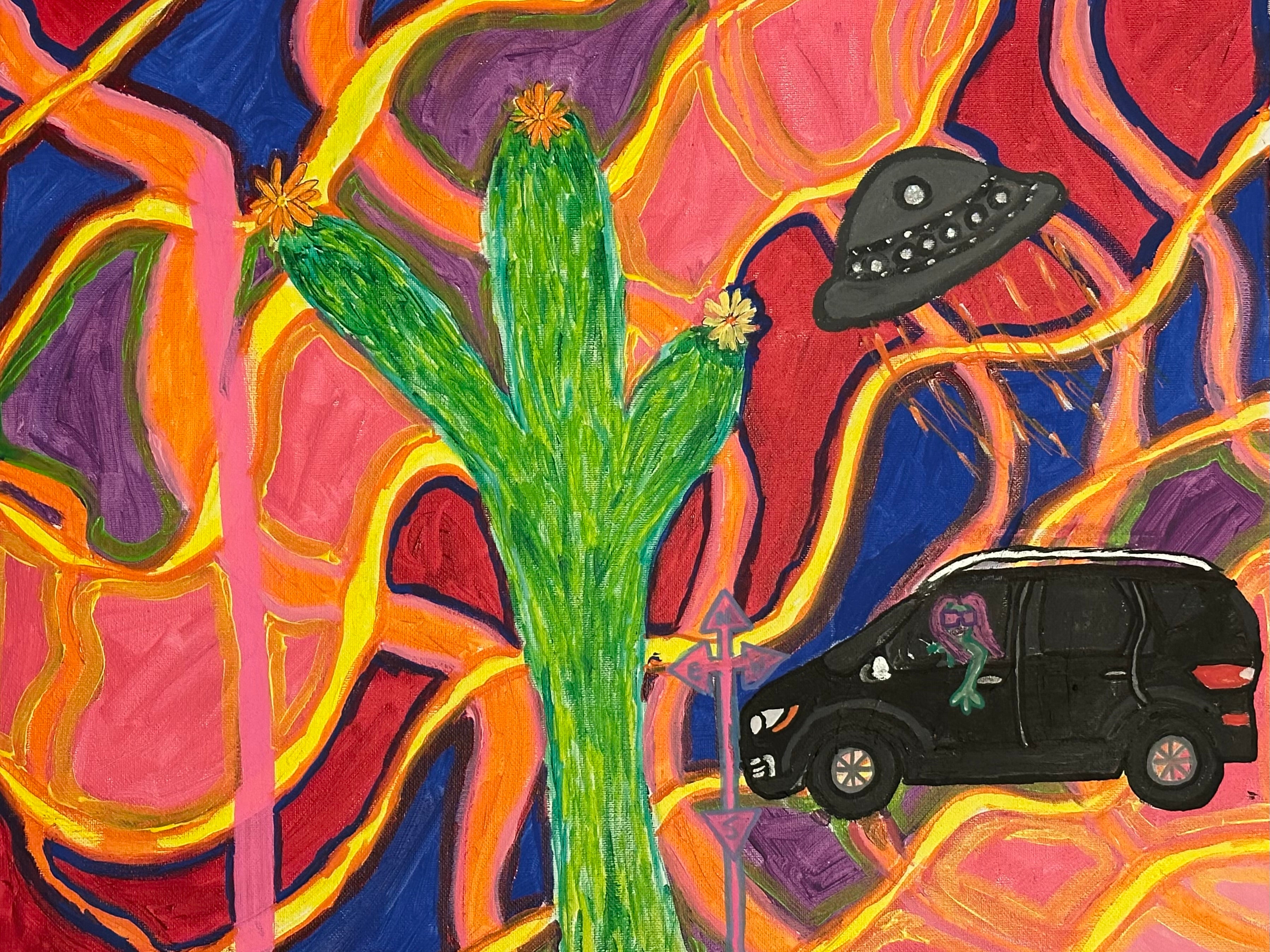 Psychedelic Desert Canvas Print — UFO, Cactus & Van Artwork